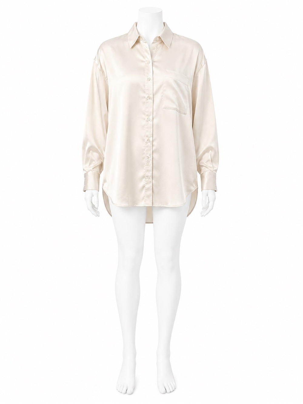 Abercrombie & Fitch Oversized Satin Button-Up Shirt Cream Beige Long Sleeve M